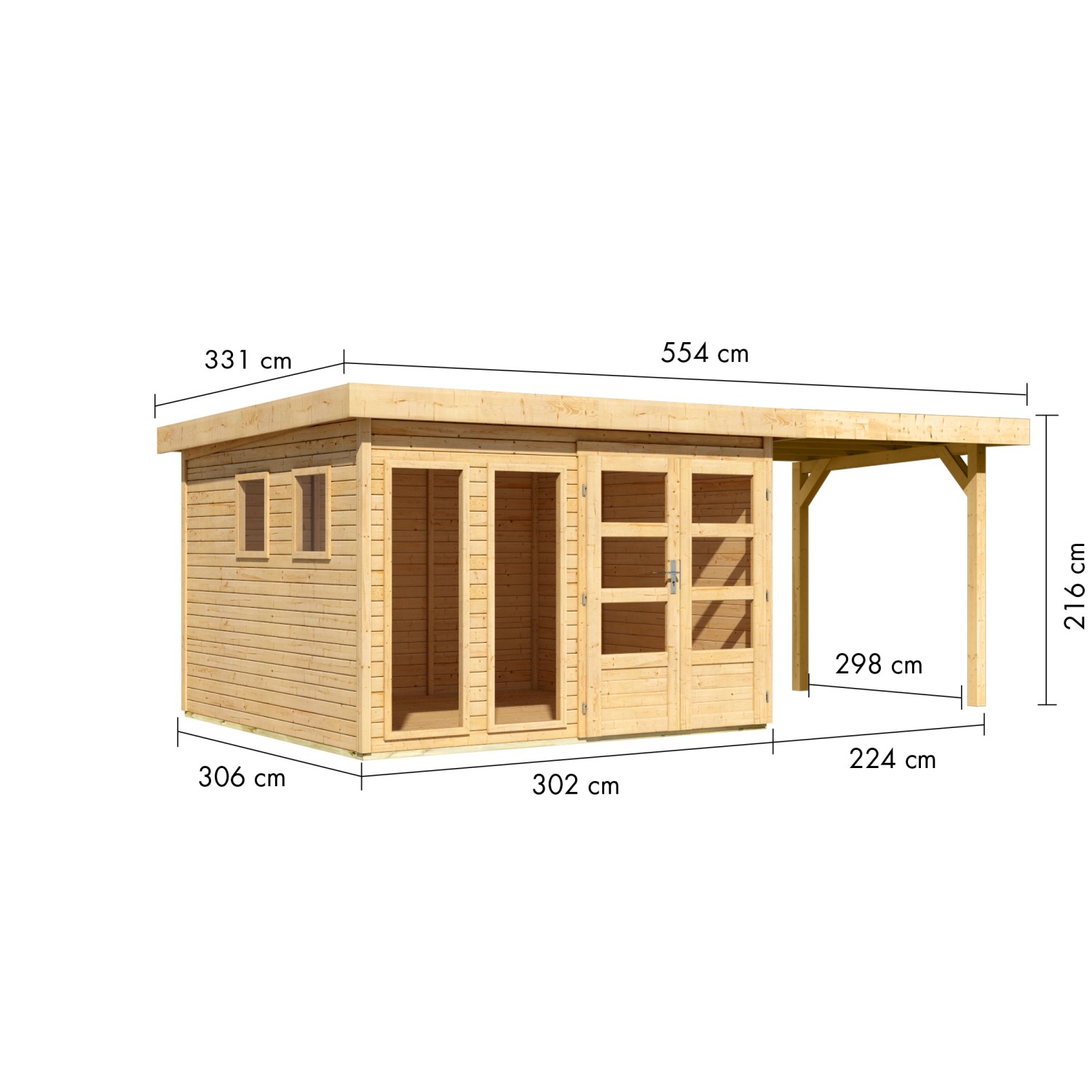 Karibu Gartenhaus Maradi mit Anbaudach, naturbelassen, Maße eingezeichnet.