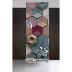 Komar Vlies Fototapete Hexagon, 100x280 cm, mit bunten 3D-Hexagonen im modernen Design.