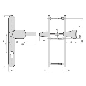 Technische Zeichnung: Türbeschlag-Garnitur, Drücker/Knauf, 92mm PZ, für Holz- & Kunststofftüren.