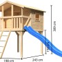 Karibu Stelzenhaus Benjamin naturbelassen mit blauer Rutsche und Holzleiter.