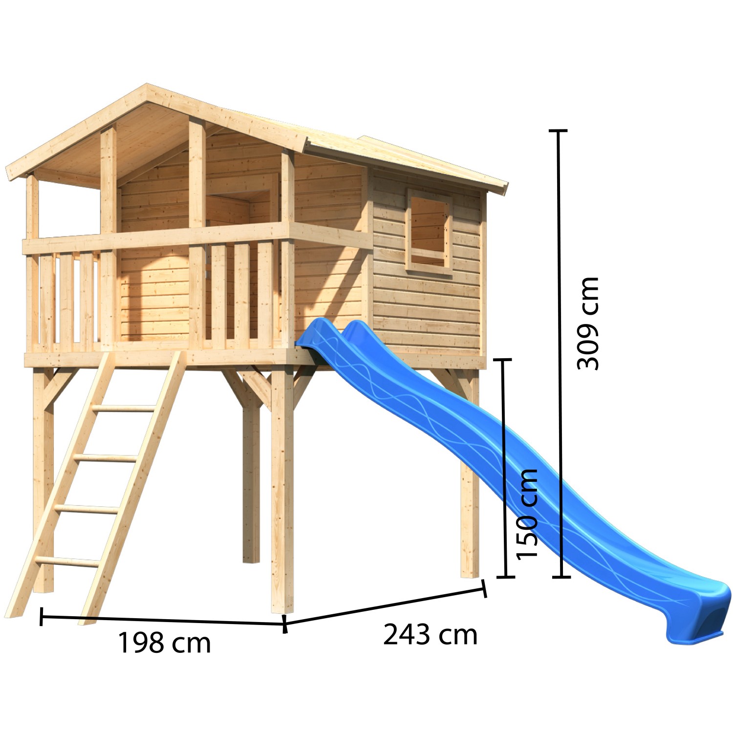 Karibu Stelzenhaus Benjamin naturbelassen mit blauer Rutsche und Holzleiter.