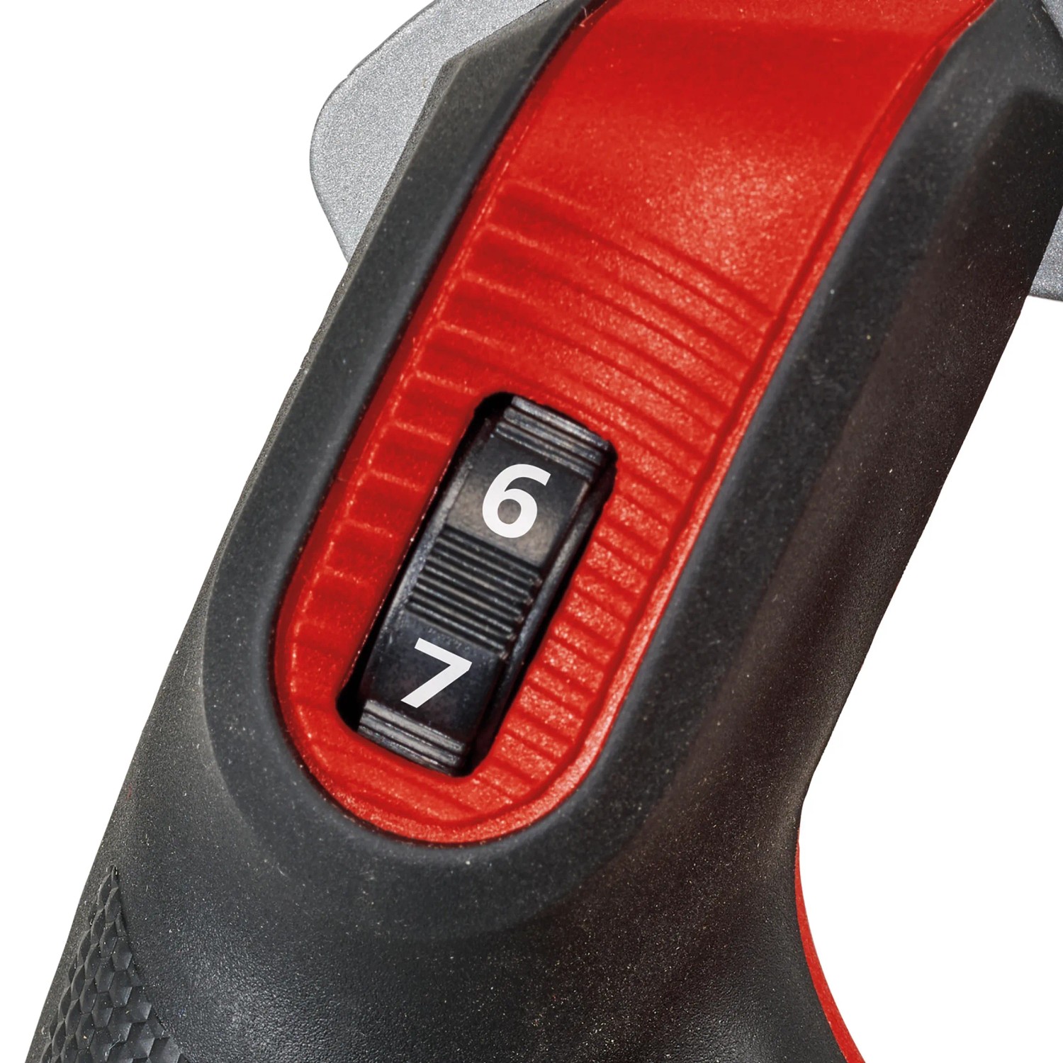 Detailaufnahme: Drehzahlregler (Stufe 6/7) am Einhell Akku Farb-Mörtelrührer.