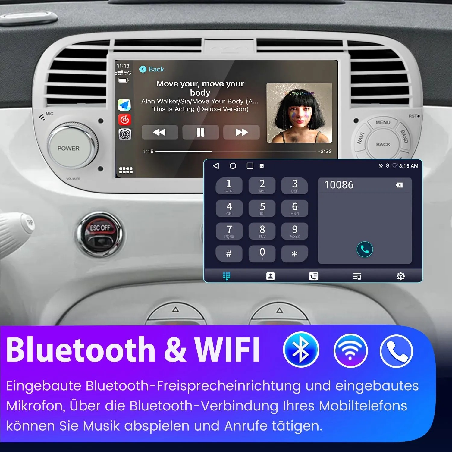 Junsun Autoradio für Fiat 500 im weißen Armaturenbrett. Display zeigt Musikwiedergabe und Telefonfunktion. Mit Bluetooth, WLAN, CarPlay.