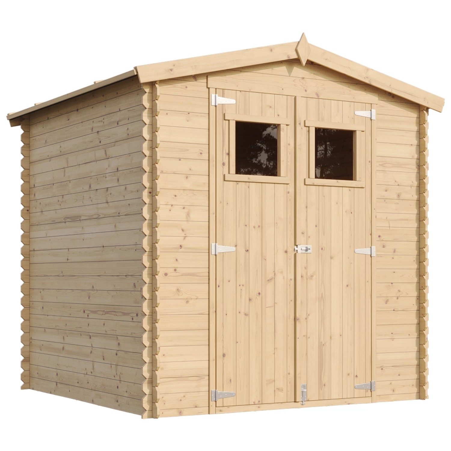 Timbela Holz-Gartenhaus M343, beige-braun, 3,53 m², mit Doppeltür und zwei Fenstern.