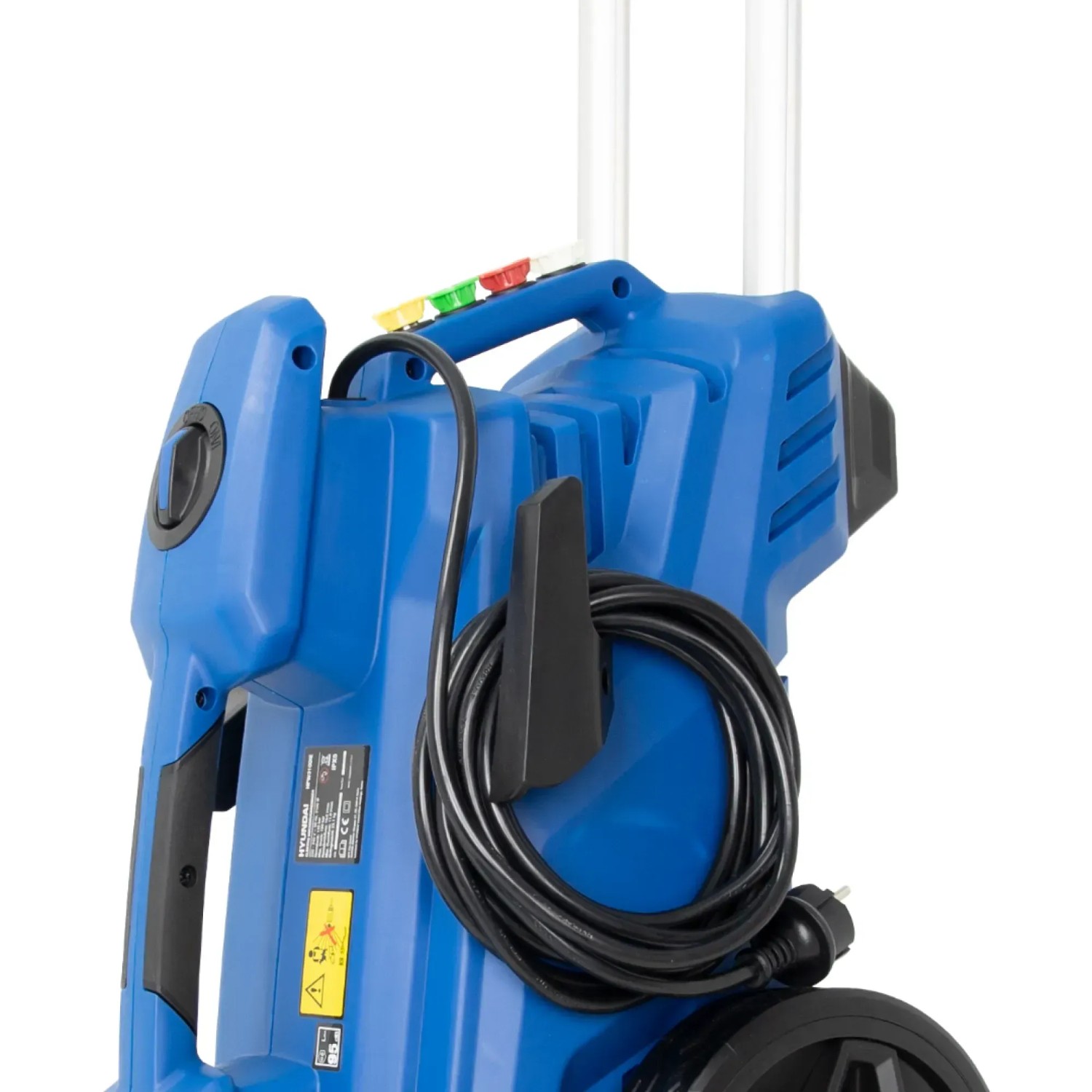 Blauer Hyundai Hochdruckreiniger HPW3100IE mit Kabelaufwicklung und Teleskopgriff.