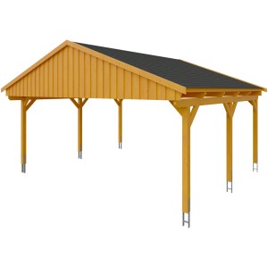 Skan Holz Carport Fichtelberg, 618x566 cm, Eiche Hell, mit schwarzen Schindeln.