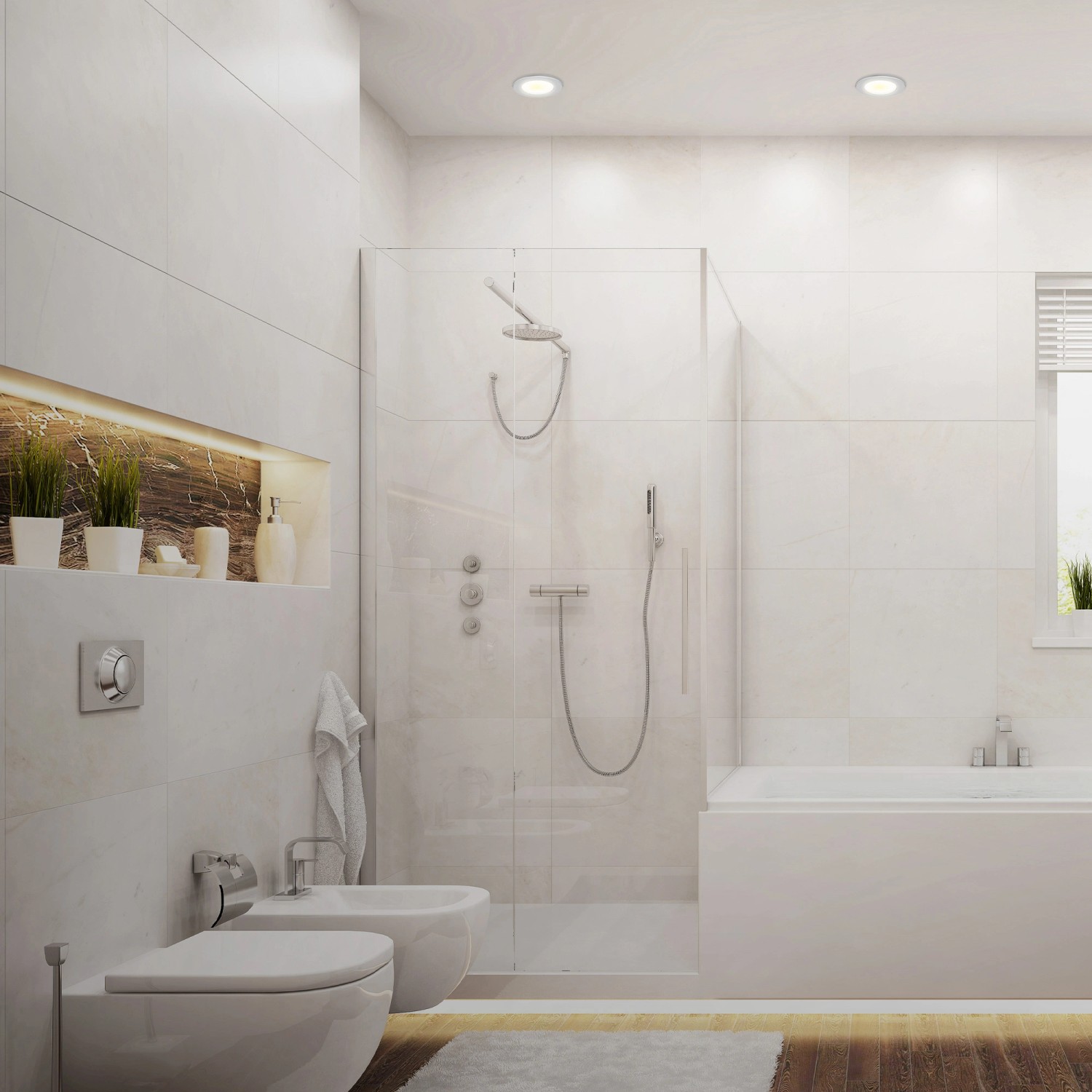 3er Set Briloner LED Einbauleuchten, Nickel matt, in modernem Badezimmer mit Dusche und Badewanne.