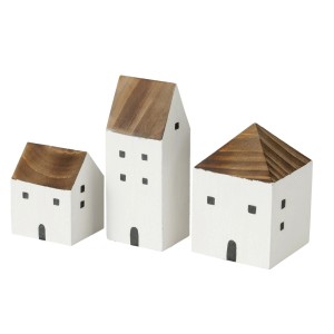 Boltze Home Dekoaufsteller Gotan 3er Set, weiße Häuser mit braunen Dächern.