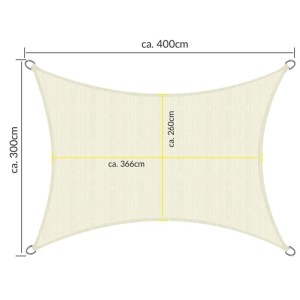Rechteckiges, creme-farbenes Sol Royal Sonnensegel SolVision HS9, 300x400cm, mit Maßangaben.