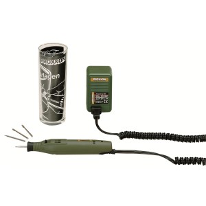 Proxxon Gravier-Set mit Graviergerät, Netzteil, Glas, Werkzeugen und Koffer.