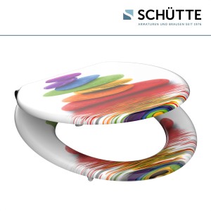 Schütte WC-Sitz Colorful Stones mit Absenkautomatik, Holzkern, buntes Stein-Motiv.
