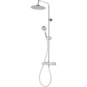 Verchromtes Schulte Duschsystem Rain III Modern Plus mit Thermostat, Kopf- und Handbrause.