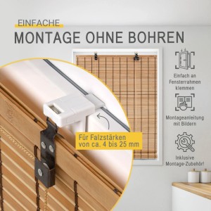 Sol Royal Bambusrollo Teak, am Fensterrahmen mit Klemmträgern montiert. Detailansicht der bohrfreien Befestigung.