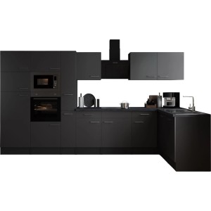 Moderne Respekta Winkelküche Oliver, 370 cm, Grau, mit E-Geräten und Edelstahlspüle.
