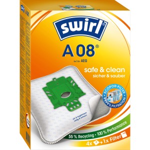 Swirl A 08 EcoPor Staubsaugerbeutel, 4 Stück. Staubbeutel für Staubsauger, mit Filter und Dirtlock Verschluss.