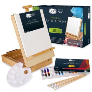 Artina Florence Staffelei + Malset Acryl 28-teilig mit Farben, Pinsel, Keilrahmen und Palette.