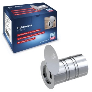 Basi Rohrtresor RT 103S mit Edelstahl-Klappe für Wertsachen, Aufbewahrung in Wand oder Boden.