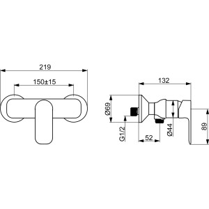 Technische Zeichnung Hansa Brausebatterie Basic 5545 Chrom, Duscharmatur mit Maßen.
