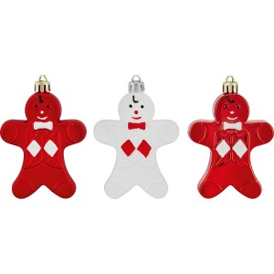 Baumschmuck-Set: 3 Lebkuchenmänner (rot, weiß) aus Kunststoff für den Weihnachtsbaum.
