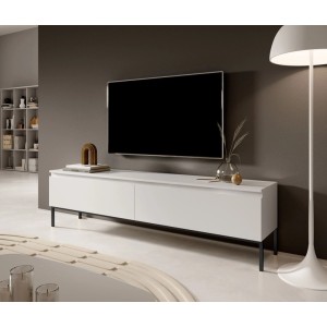 Selsey TV-Lowboard Bemmi 175 cm, weiß, mit zwei Fächern und schwarzen Beinen unter einem Fernseher im modernen Wohnzimmer.