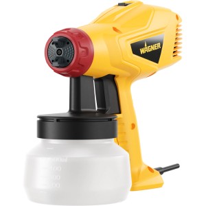 Wagner Wood & Metal Sprayer W 125 Farbsprühsystem in Gelb/Schwarz/Rot mit Behälter.