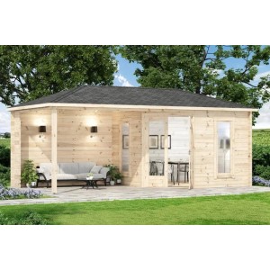 Alpholz 5-Eck Gartenhaus Liwa mit Walmdach, unbehandelt, 575x274 cm. Holz-Gartenhaus mit Terrasse und Glas-Schiebetüren.