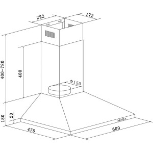 Technische Zeichnung der schwarzen Respekta Dunstabzugshaube Karena CH22055SA mit Maßangaben.