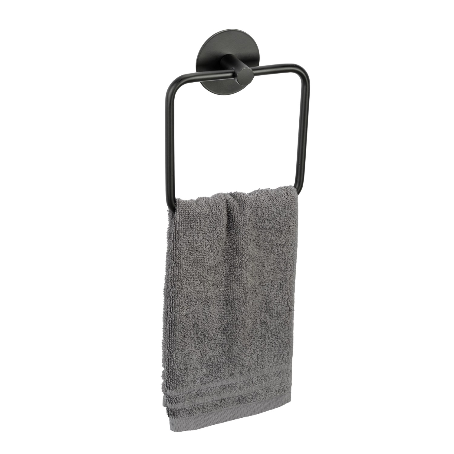 Schwarzer Schöner Wohnen Handtuchring Meleto mit grauem Handtuch.