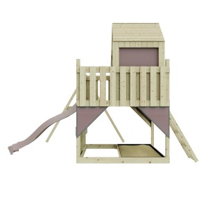 Babyschaukel Altrosa Spielturm mit Rutsche, Kletterwand und Spielhaus aus Holz.