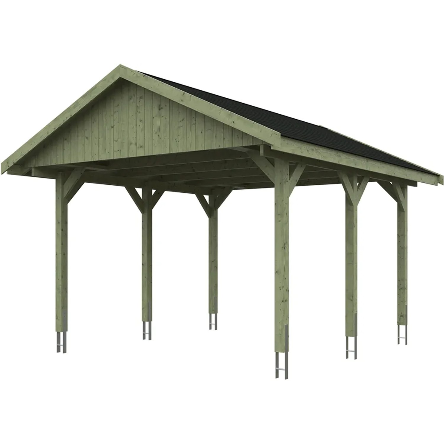 Satteldach-Carport Wallgau 430x500 cm mit schwarzen Schindeln, Holzkonstruktion.