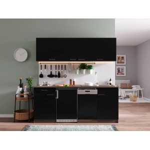 Respekta Küchenzeile KB195EYS, 195 cm, Schwarz und Eiche York Nachbildung mit E-Geräten.