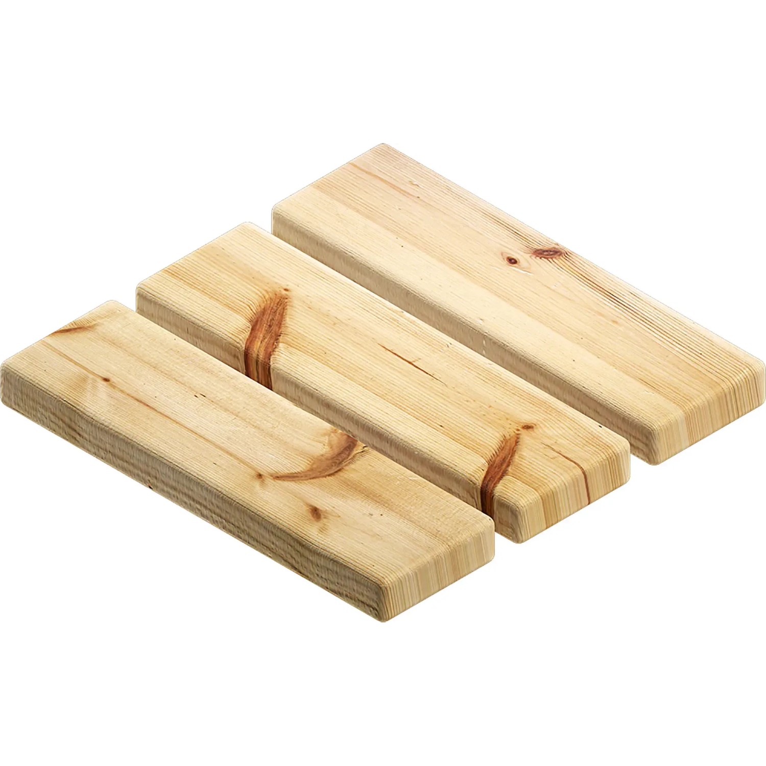 Drei helle, gehobelte Holzbretter mit Astlöchern, geeignet für Bauprojekte.