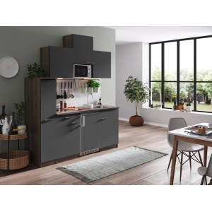 Respekta Küchenzeile KB180EYGMIC, 180 cm, Grau/Eiche York Optik mit Spüle, Kühlschrank und Mikrowelle.