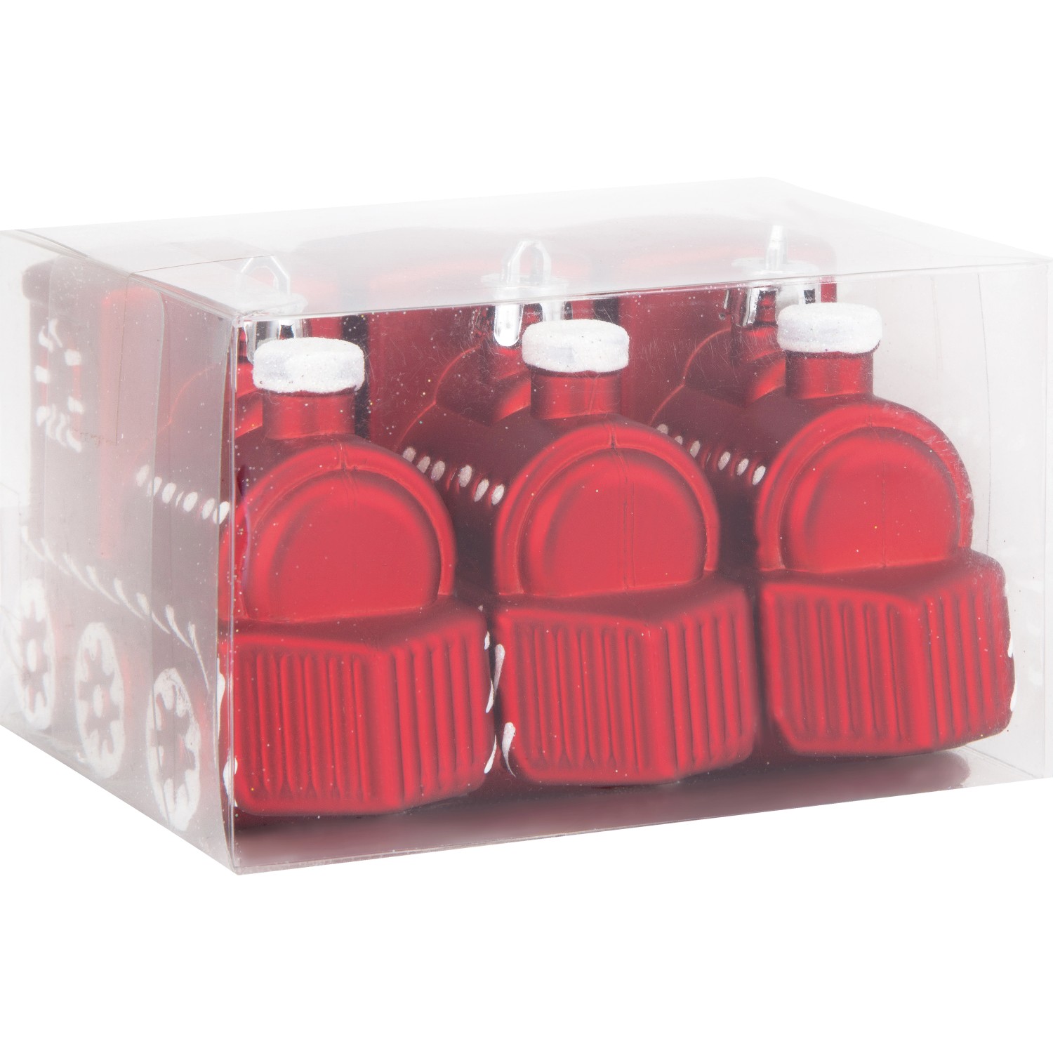 Baumschmuck-Set: 3 rote Lokomotiven aus Kunststoff mit weißen Akzenten für den Weihnachtsbaum.
