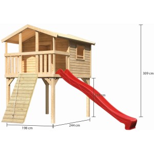 Karibu Stelzenhaus Benjamin mit roter Rutsche und Holzrampe. Spielturm aus Holz in Natur.