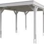 Weißer Skan Holz Carport Grunewald mit EPDM-Dach, Leimholz-Konstruktion und sechs Pfosten.