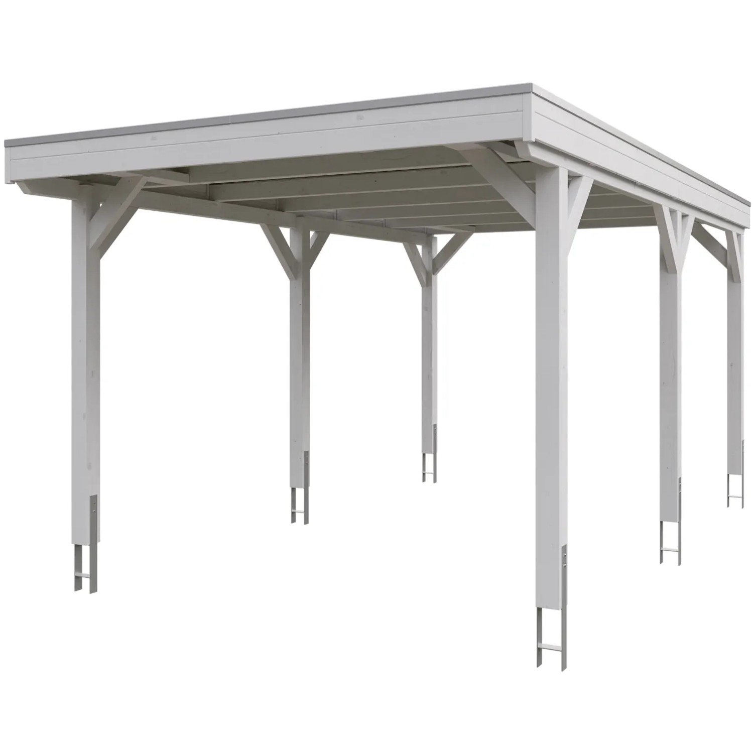 Weißer Skan Holz Carport Grunewald mit EPDM-Dach, Leimholz-Konstruktion und sechs Pfosten.