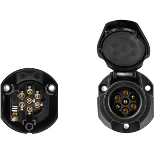 LAS 7-polige Anhängersteckdose aus Kunststoff, Detailansicht der Kontakte und Gehäuse.