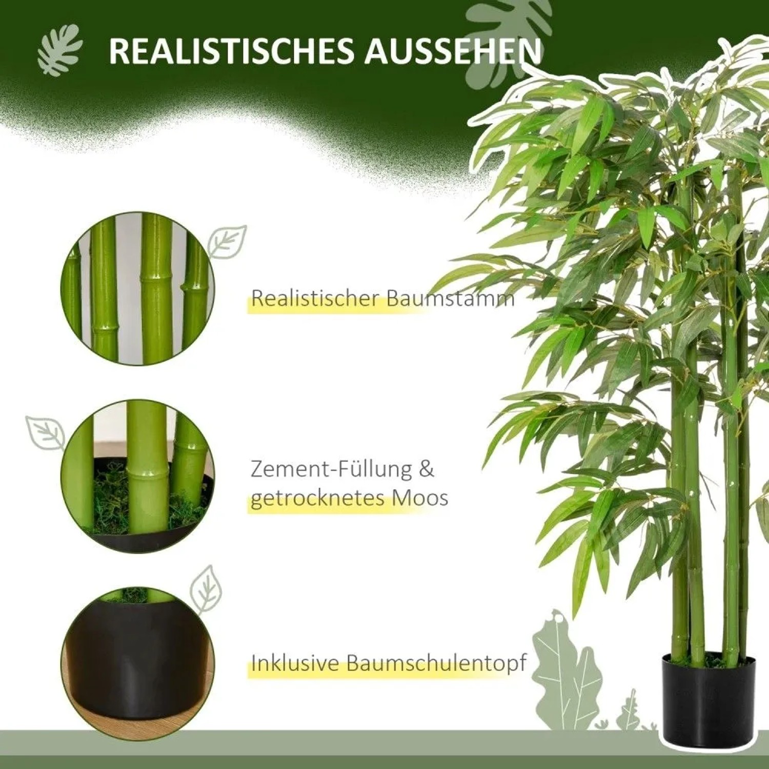 Realistische künstliche Bambuspflanze, 140 cm hoch, mit grünen Blättern und Stämmen im schwarzen Topf.