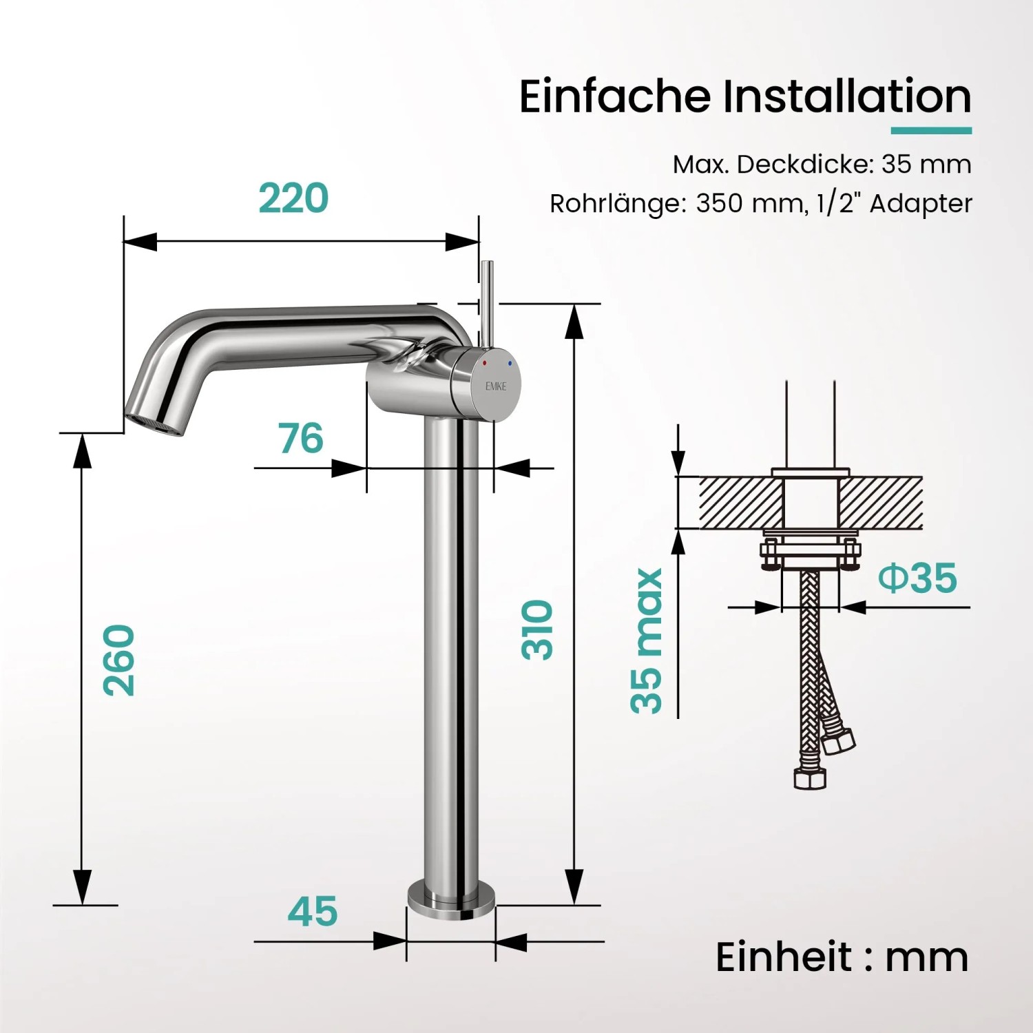 Emke Waschtischarmatur, hochglanz verchromt, mit Einhebelmischer. Technische Zeichnung zeigt Maße und Installationsdetails für Bad.