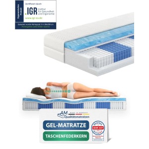 AM Qualitätsmatratze Gelschaum-Taschenfederkernmatratze 160x200 cm mit Liegeprobe und Querschnitt.