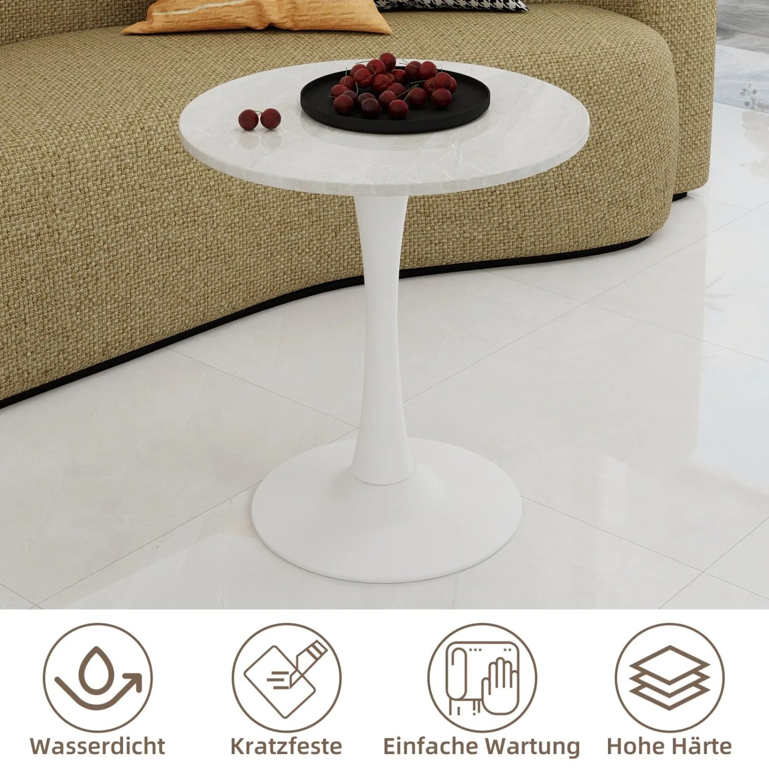 okwish Couchtisch mit Marmor Tischplatte Wohnzimmer Esszimmer 70x70x72cm Weiß_8