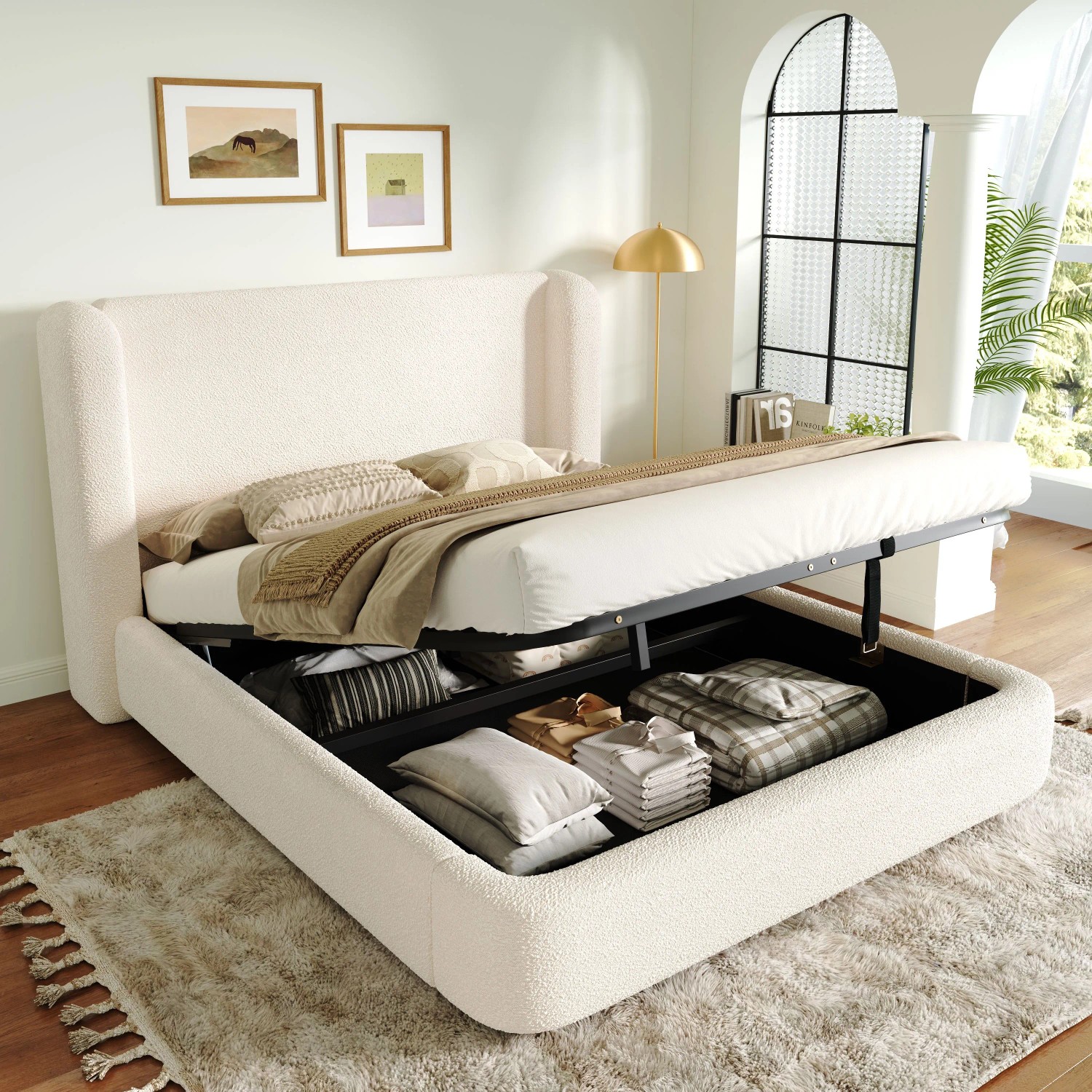 Merax Polsterbett 160 x 200 cm mit Stauraum Lattenrost Bouclé Beige kaufen bei OBI