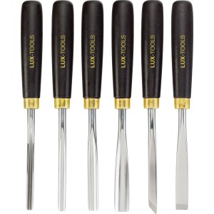 6-teiliges LUX Kerbschnitzsatz Comfort Set mit verschiedenen Stechbeiteln und Holzgriffen.