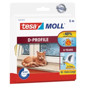 Verpackung der Tesamoll® Gummidichtung D-Profil, 6m, weiß, für Tür- und Fensterdichtungen.