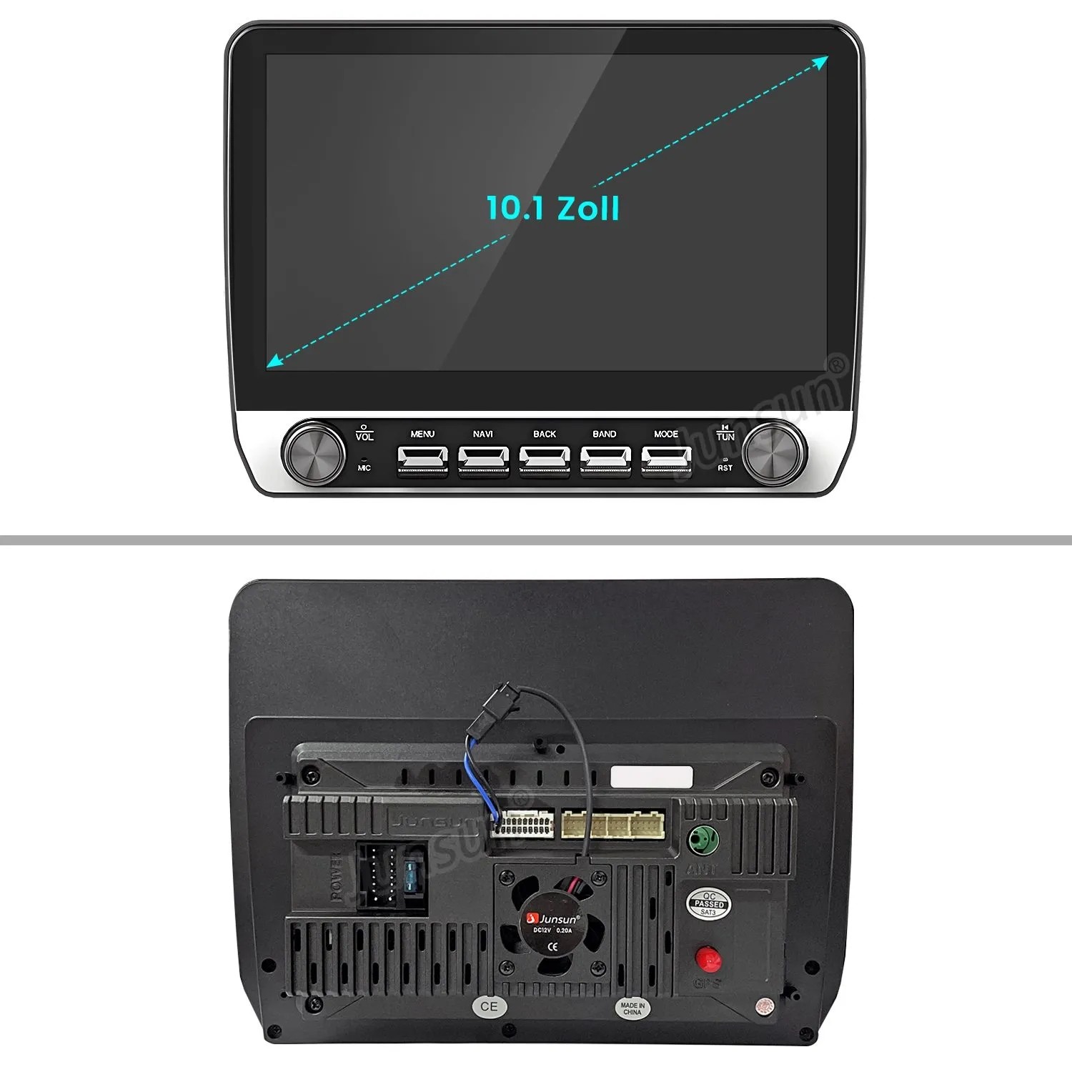 Junsun 10 Zoll Autoradio für Smart Fortwo. Großes Display, Bedienelemente und Rückseite mit Anschlüssen.
