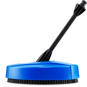 Nilfisk Hauptkehrwalze Floortec 350: Blaue Kehrmaschine mit schwarzer Bürste und Griff.