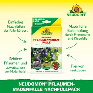 Neudorff Neudomon Pflaumenmadenfalle Nachfüllset, Packung mit Lockstoffdepots und Leimtafeln.