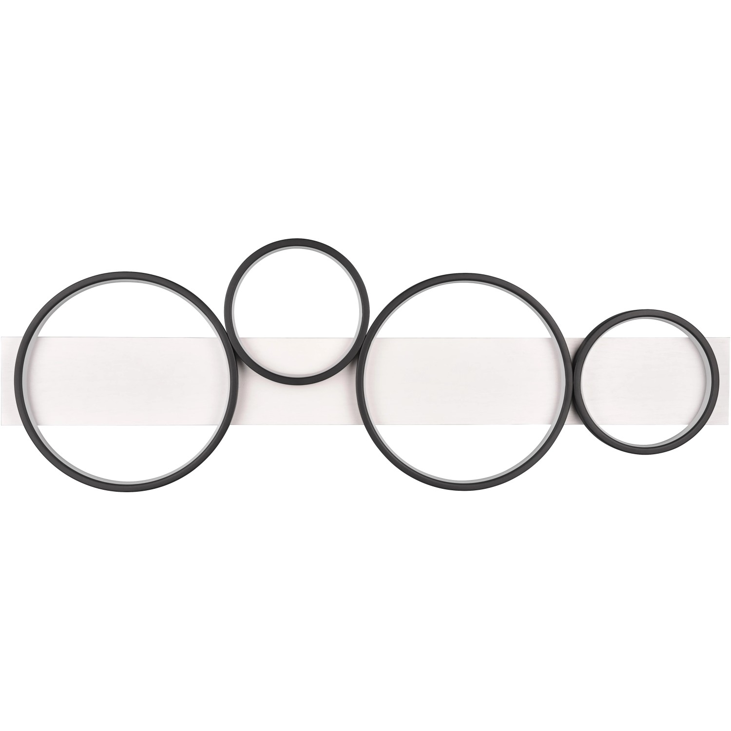 Moderne LED Deckenleuchte Medera, schwarz matt mit Holzsockel und vier runden Lampenschirmen.