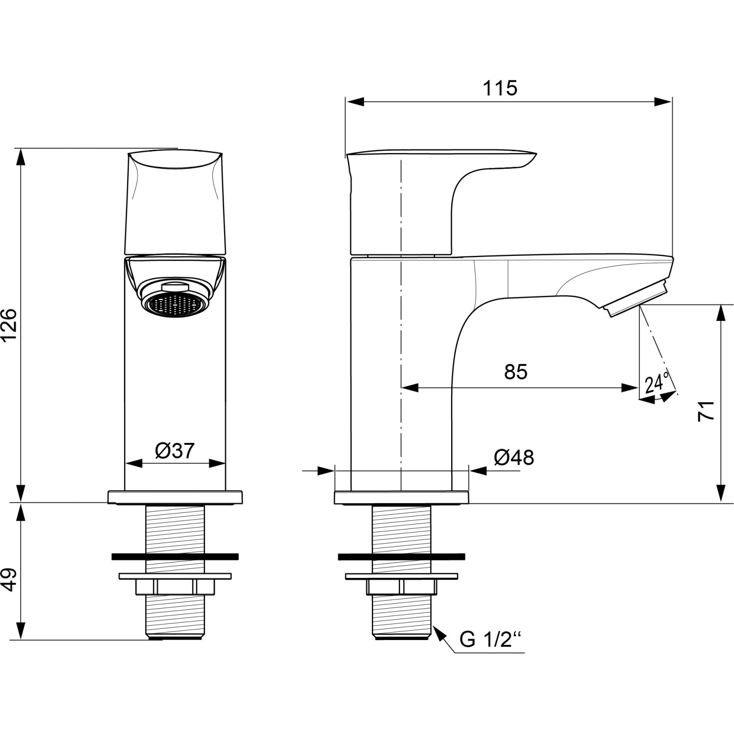 Skizze: Ideal Standard Connect Air Standventil in Silver Storm mit Maßangaben.
